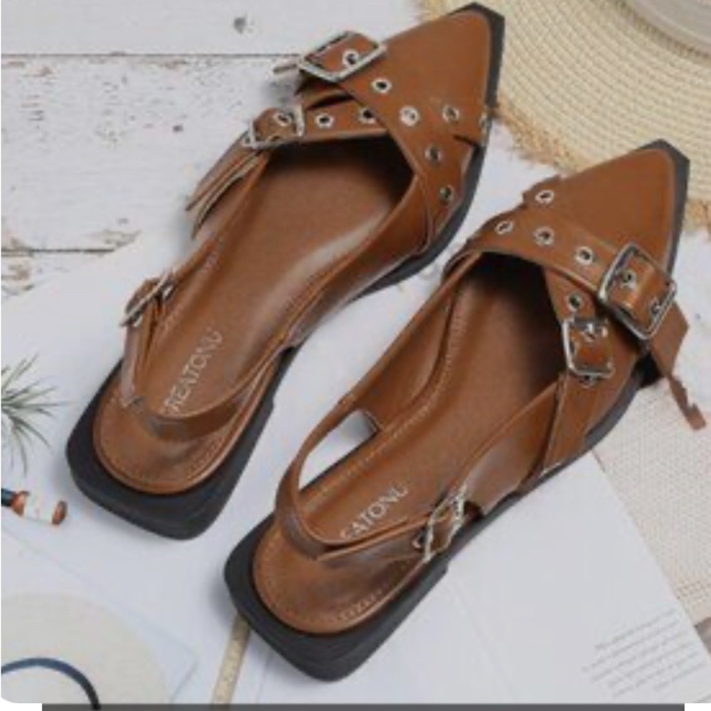Greatonu Brown Buckle Flats